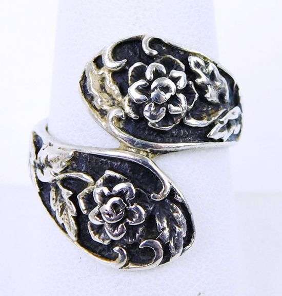 Vintage Sterling Floral Bypass Ring, Size 8