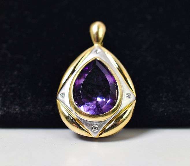 Stunning 14K Yellow and White Gold Amethyst Gemstone Pendant with Diamond Accents