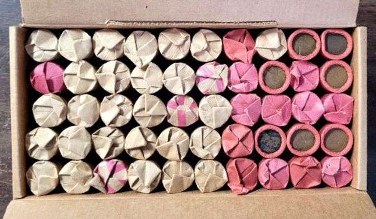 Box containing 50 circ rolls or 2500 Lincoln Wheat-Back Copper Cents, 40's & 50's