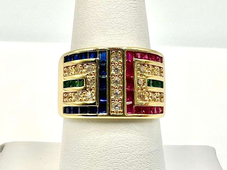 Sharp Deatiled 14 Kt Yellow Gold Plate 1.5 Ctw Simulated ,Ruby, Diamond,Emerald and Sapphire Ring