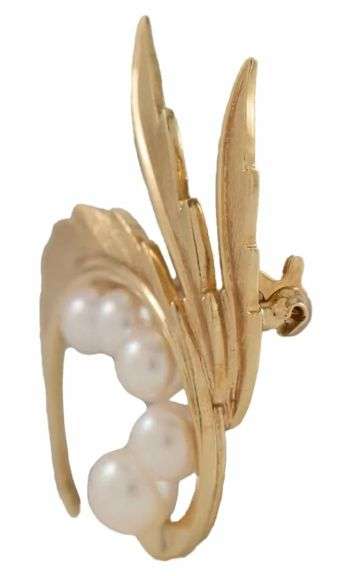 Mikimoto Pearl Leaf Brooch in 14K