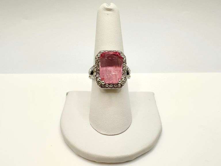 Stunning 14 kt White Gold Plate 6.75 Ct Emerald Cut Pink Kunzite Ring