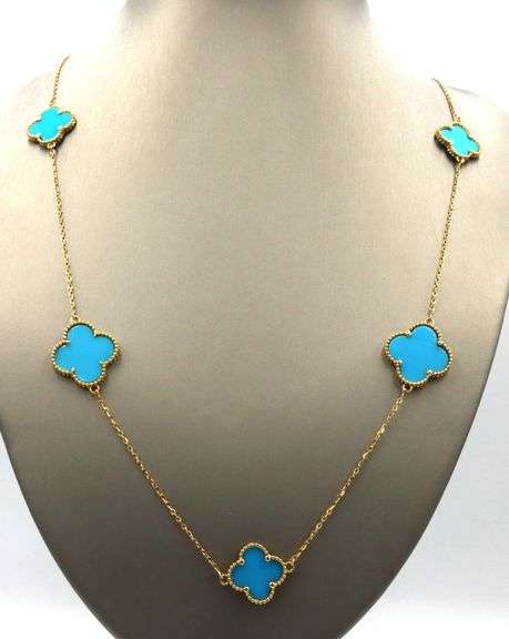 18kt Yellow gold Alhambra style Turquoise necklace