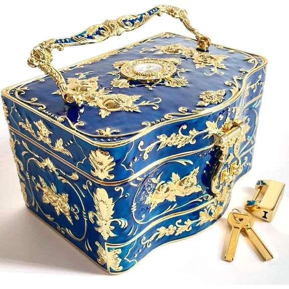 Blue and Gold Velvet Lined Trinket Metal Jewelry Chest