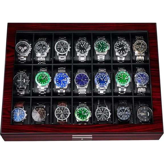 21 Slot Lockable Wooden Watch Display Case with Glass Lid