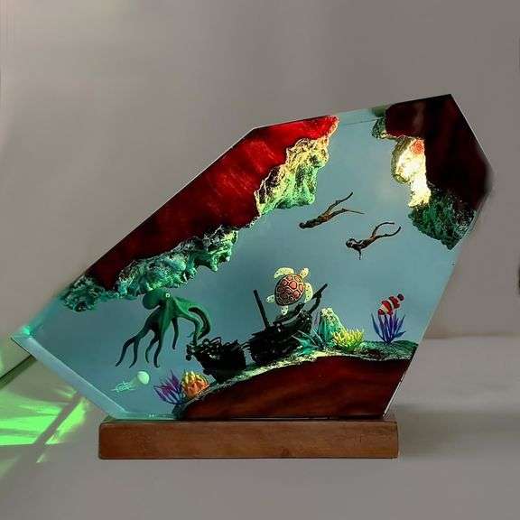 Handcrafted Octopus Ocean Lamp with Wooden Base