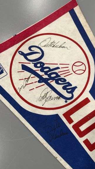 One very rare Los Angeles Dogers Pennant, signed by 5 players