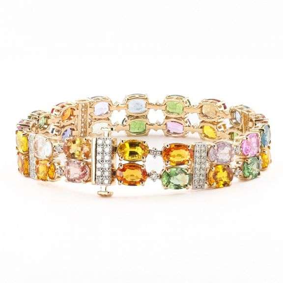 14K YELLOW GOLD MULTICOLOR SAPPHIRE AND DIAMOND BRACELET 34.09 C.T.W.
