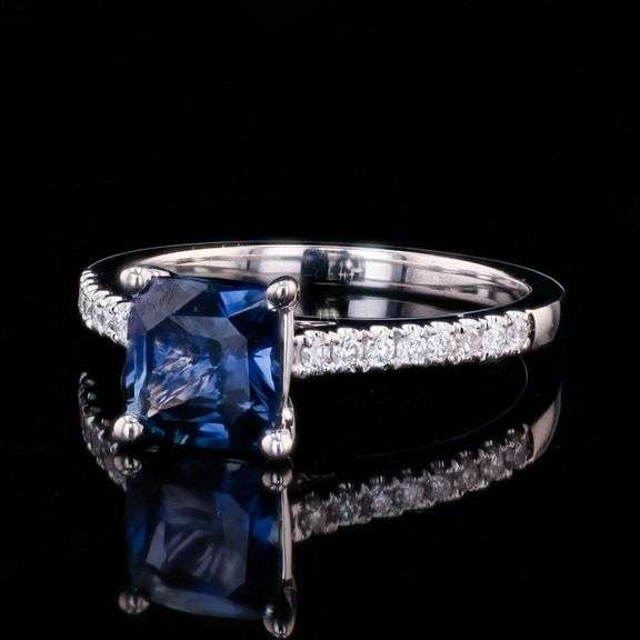 18K WHITE GOLD BLUE SAPPHIRE AND DIAMOND RING 1.99 C.T.W.