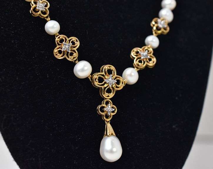 Marvelous 10k Yellow Gold Pearl Necklace with Diamond Accents