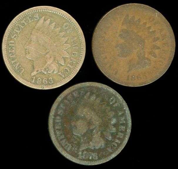 3 Different Indian Head Cents: 1863, 1865, 1876