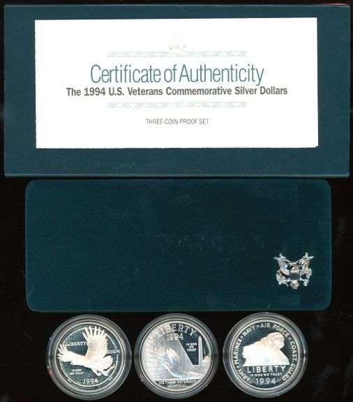 1994 US Veterans 3-Piece Proof Silver Commemorative Set w/Box and CoA