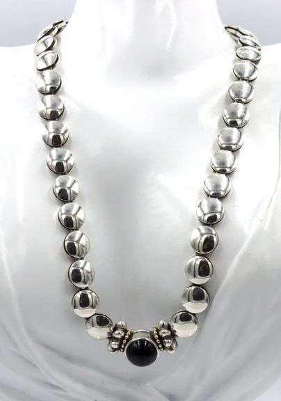 925 Sterling silver Lagos Caviar black onyx circle disk necklace