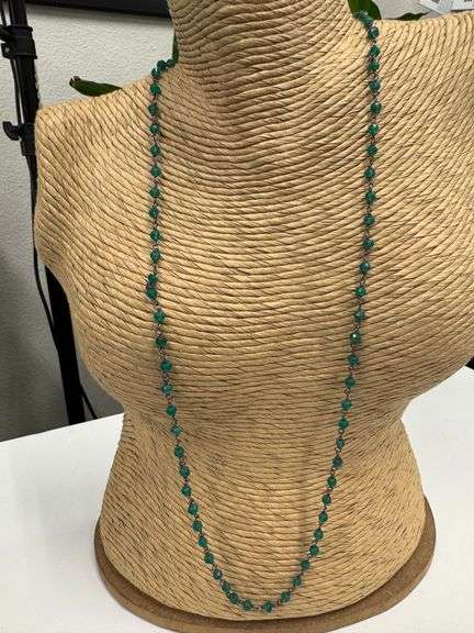 Sterling Silver Unique Green Onyx Gem Stone Chain 24" Necklace with Pear Clasp
