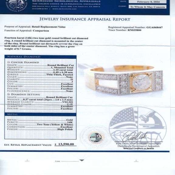 14K YELLOW AND WHITE GOLD J COLOR I CLARITY DIAMOND RING 1.47 C.T.W.