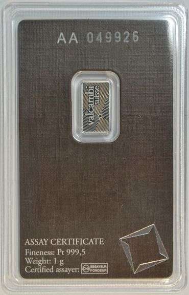 Pure .9999 fine Platinum 1 gram Valcambi bar in card with unique serial number