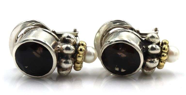 Lagos Caviar smokey quartz and pearl 2 tone earrings