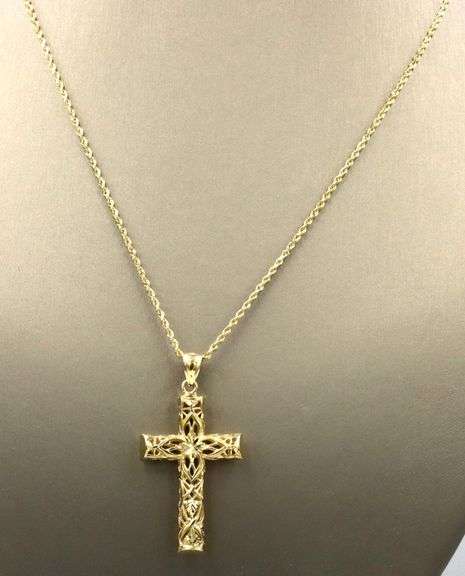 14kt Yellow gold diamond cut open art cross pendant on rope chain necklace