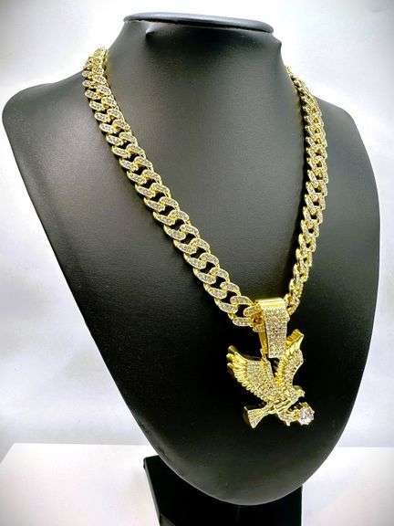 Amazing 97 Gram 14 Kt Gold Plated American Bald Eagle Pendant W/Chain Necklace