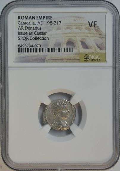 Nice NGC VF Caracalla (issue as Caesar) Roman Silver Denarius, 198-217 AD.