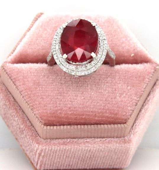 Bewitching 9.55CTS Oval Faceted Ruby & Diamond Double Halo Ring in Sterling Silver