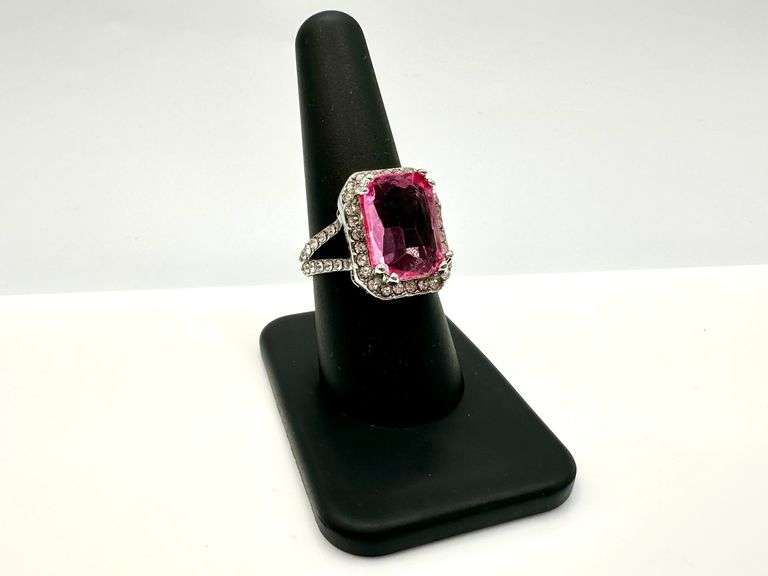 Stunning 14 kt White Gold Plate 6.75 Ct Emerald Cut Pink Kunzite Ring
