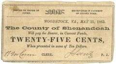 1863 County of Shenandoah, Virginia 25 Cents Obsolete Note – Civil War Era Currency