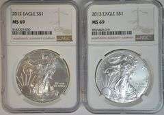 Near Perfect 2012 & 2013 $1 American Silver Eagles. NGC MS69
