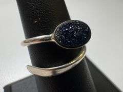 Sterling Silver 925 Titanium Coated Druzy Agate Crystal Stone Ring Adjustable Spoon Band