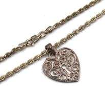 Vintage 925 sterling silver heart shaped pendant on Italian rope chain