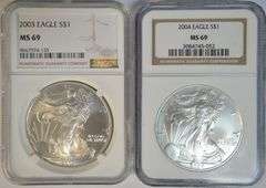Near Perfect 2003 & 2005 $1 American Silver Eagles. NGC MS69