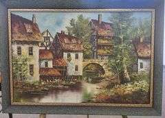 Investment! Antique European 20th Century Dutch Oil Painting Town near the River with Houses