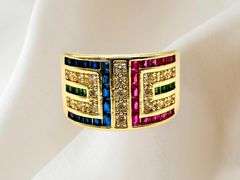 Dazzling 14 Kt Yellow Gold Plate 1.5 Ctw Simulated ,Ruby, Diamond,Emerald and Sapphire Ring