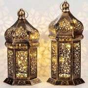 Lot of 2 Bronze Moroccan-Style Lanterns with Lights
