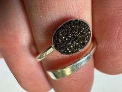 Sterling Silver 925 Titanium Coated Druzy Agate Crystal Stone Ring Adjustable Spoon Band
