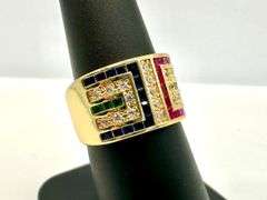Sharp Deatiled 14 Kt Yellow Gold Plate 1.5 Ctw Simulated ,Ruby, Diamond,Emerald and Sapphire Ring