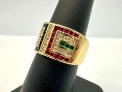Dazzling 14 Kt Yellow Gold Plate 1.5 Ctw Simulated ,Ruby, Diamond,Emerald and Sapphire Ring