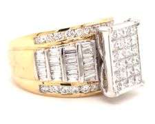 14kt Yellow gold 2.50ctw princess cut, baguette and round brilliant cut diamond Invisible set ring
