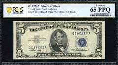 1953A $5 Silver Certificate – Priest / Anderson PCGS Gem Uncirculated 65 PPQ Fr. 1656 (EA Block)