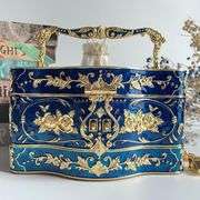 Blue and Gold Velvet Lined Trinket Metal Jewelry Chest