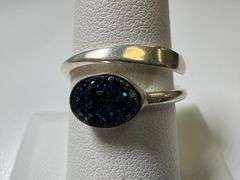Sterling Silver 925 Titanium Coated Druzy Agate Crystal Stone Ring Adjustable Spoon Band