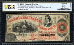 1861 Augusta Insurance & Banking Co. $1 Note Augusta, Georgia PCGS Very Fine 20 Details Nov. 10 Issu