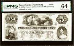 Superb Crisp 1850's $5 Proof Farmers & Drovers Bank Of Waynesburg PA PMG 64!