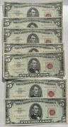 Seven 1953 Red Seal $2 US Notes.