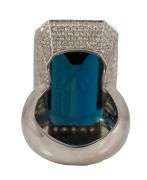 55.0ct London Blue Topaz and 6.50ctw Pave Diamond Cocktail Ring in 18K