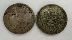 Set of 2 Peruvian Un Sol Silver Coins