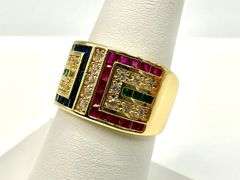 Sharp Deatiled 14 Kt Yellow Gold Plate 1.5 Ctw Simulated ,Ruby, Diamond,Emerald and Sapphire Ring