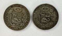 Set of 2 1920's Peruvian Un Sol Silver Coins
