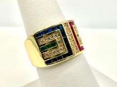 Sharp Deatiled 14 Kt Yellow Gold Plate 1.5 Ctw Simulated ,Ruby, Diamond,Emerald and Sapphire Ring