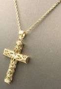 14kt Yellow gold diamond cut open art cross pendant on rope chain necklace